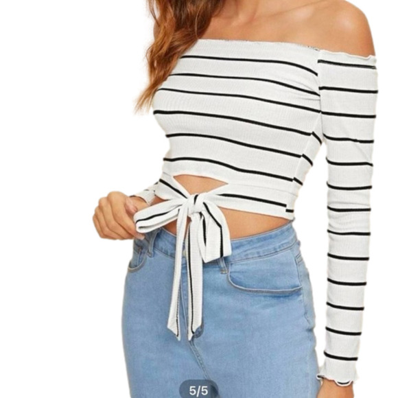 Tops - STRIPED off the shoulder cropped long sleeve.